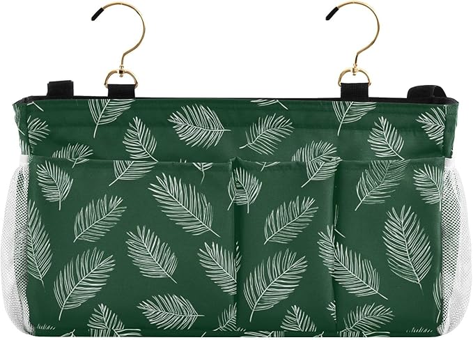 Bedside Caddy Hanging Bunk Bed Caddy Bed Organizer Hanging Pocket with 2 Hooks Bedside Storage Organizer Pocket Bag Holder Green Simple Palm Leaf