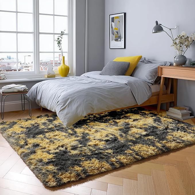 PAGISOFE Black and Yellow Fluffy Shag Area Rugs for Bedroom 5x7, Soft Fuzzy Shaggy Washable Rugs for Living Room, Plush Rug for Kids Room Furry Boys Carpet for Teen Dorm Black Room Decor Dark Yellow
