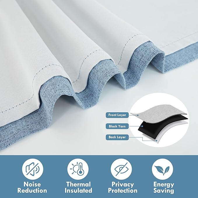 DriftAway Double Layer Linen Blackout Tie Up Curtains Thermal Insulated Fully Lined Balloon Roman Shade Bathroom Window Adjustable Rod Pocket for Small Window 45 Inch by 63 Inch Dusty Blue