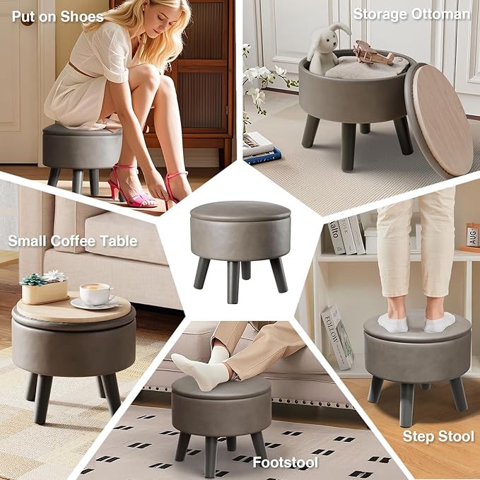 FIMIVIBI Small Foot Stool Ottoman with Storage, Faux Leather Ottoman Foot Rest for Couch, Round Footstool Ottomans for Living Room (Gray)
