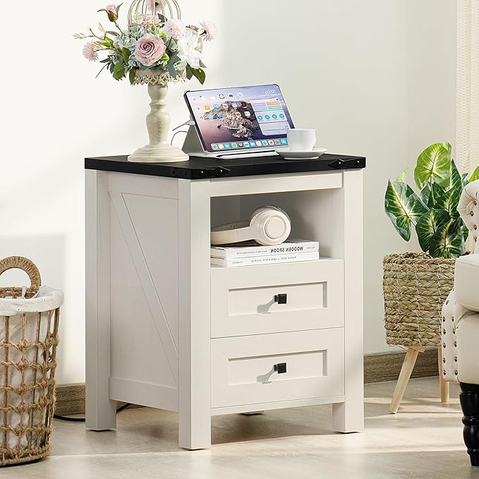 Joaxswe Nightstand with Charging Station and USB Port, Farmhouse Side End Table with 2 Drawers and Open Shelf, Wood Rustic Sofa Table, Bedside Cabinet for Bedroom, Living Room, Closet, Office (White)