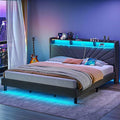 Rolanstar King Size Bed Frame, Storage Headboard with Charging Station and LED Lights, Upholstered Bed with Heavy Duty Wood Slats, No Box Spring Needed, Noise Free, Easy Assembly, Dark Grey