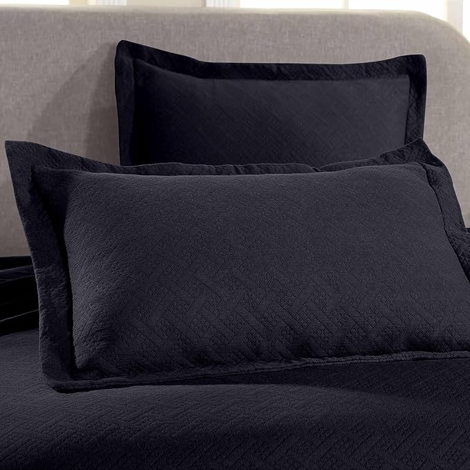 Superior 100% Cotton Basket Weave Bedspread with Shams, All-Season Premium Cotton Matelasse Jacquard Bedding, Quilted-Look Geometric Basket, King, Navy Blue
