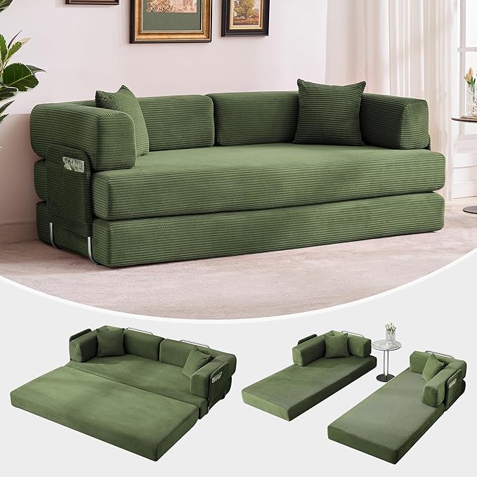 Garvee 5-in-1 Convertible Sofa Bed, 78.8" Modular Corduroy Sleeper with Sturdy Frame & No Assembly, Multi-Functional Futon for Small Space, Living Room & Guest Room (Green)