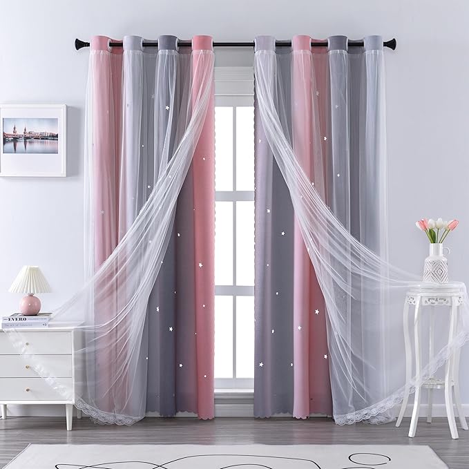 XiDi Curtains for Bedroom Decor, Rainbow Pink-Grey-34-90