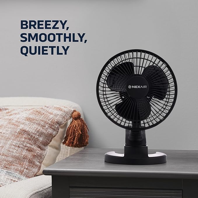 NEXAIR 6-Inch Portable Desk or Clip-on Fan with Two Quiet Speeds - Small Personal Cooling Fan for Desk, Home, Bedroom and Office, 180° Adjustable Tilt up- down 360° Rotation, Strong wide Clamp Grip