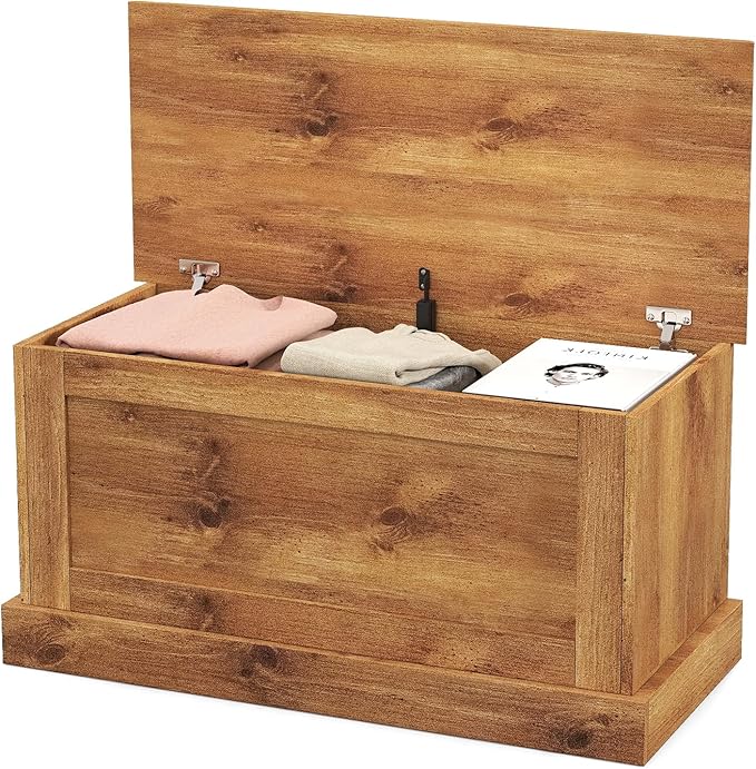 LOKO 35.5” Storage Chest, Lift Top Storage Box with Metal Hinges, Wooden Storage Bench with Safety Hydraulic Strut, Large Farmhouse Storage Trunk for Living Room, Bedroom, Entryway(Oak)