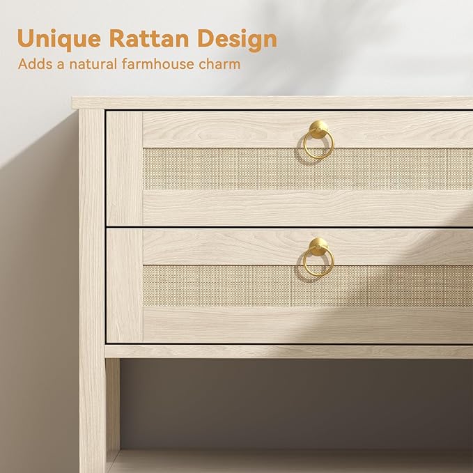 CMFYDAILY Wooden Nightstand Set of 2, Boho Side Tables with 2 Woven Rattan Drawers and Storage Shelf, Bedside Tables for Bedroom, or Home Office