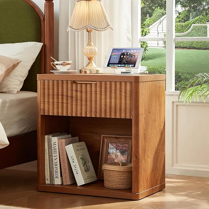 LEYAOYAO Fluted Nightstand with Charging Station, 23" Wide 1 Drawers End Table,Brown Night Stand with Open Storage Cabinet, Farmhouse Bed Side Tables, Wood Dresser for Bedroom, Living Room, Closet