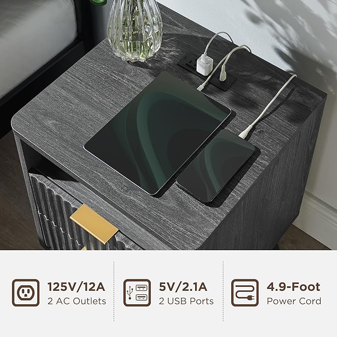 T4TREAM Fluted Nightstand with Charging Station, 18" Modern Side Table, 2 Drawers End Table with Storage, Bedside Table for Bedroom, Living Room, Curved Profile Design, Dark Alder
