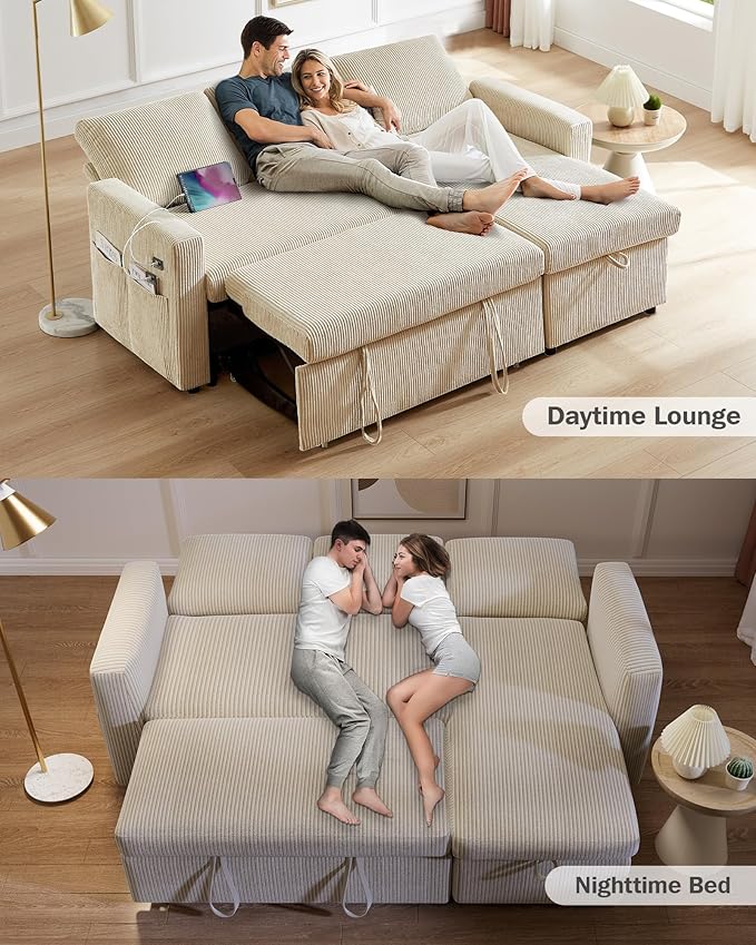 Vipbear 80" Sectional Sleeper Sofa Bed with Pull Out Bed, L Shaped Couch Pull Out Couch with Reclining Backrest, Reversible Storage Chaise, USB Ports, Tool-Free Assembly, Corduroy Beige Color