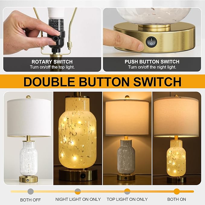 Oneach 22" Glass Table Lamps Set of 2, White Modern Bedside Lamp with LED Night Light for Living Room, Nightstand Lamp with USB Ports for Bedrooms, Study Room, End Table(2 Bulbs Included)