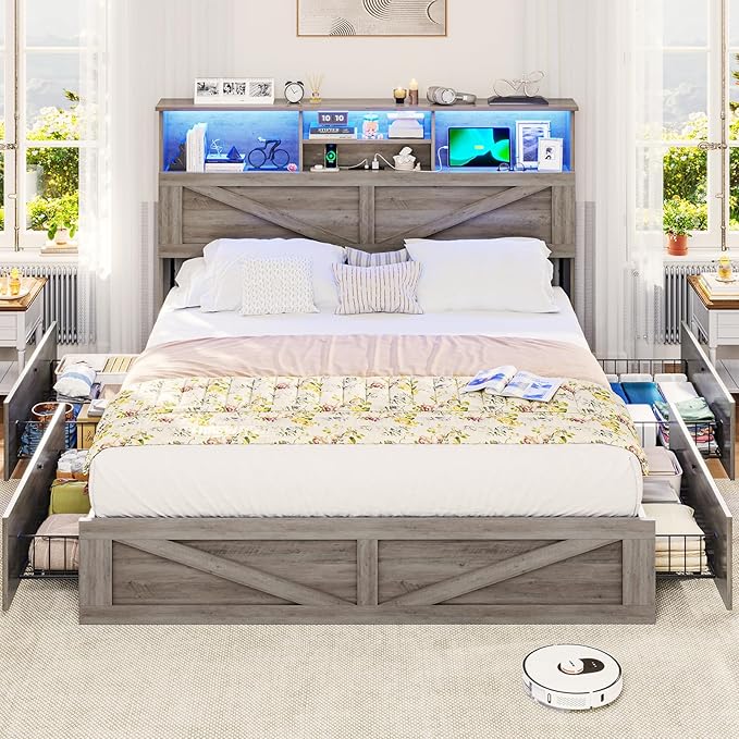 VIAGDO Farmhouse Bed Frame Full Size with Bookcase Storage Headboard, Charging Station and LED Lights, Wooden Full Bed Frame with 4 Drawers, Barn Door Design, No Box Spring Needed, No Noise, Grey
