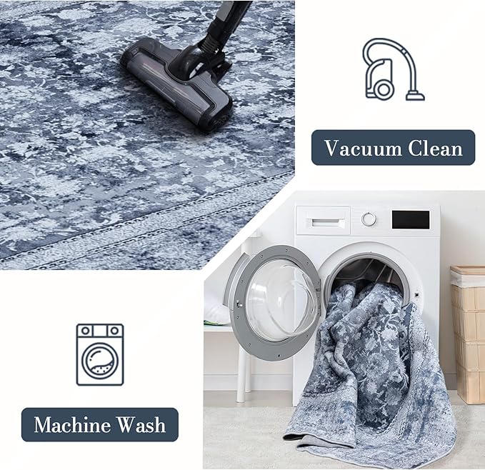 Area Rug 5×7, Vintage Boho Rug,Ultra-Soft Low Pile, Washable, Non Slip,Stain Resistant Printed Carpet for Living Room Bedrooms Playroom Office Kitchen, Stone/Blue