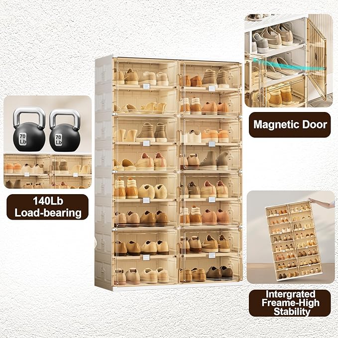 28 Pairs Shoes and Boots Storage Cabinet of 3-Step Fast Installation,Plastic Shoe Box with Clear Magnetic Door for Display, Shoe Organizer for Sneaker, Sandals, Heels (2 Row, 7 Tier)