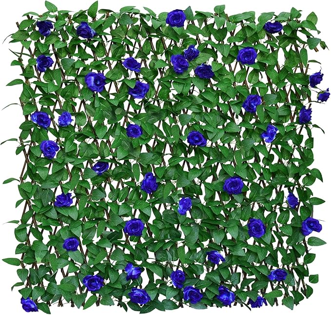 Sumery Expandable Fence Privacy Screen for Balcony Patio Outdoor,Decorative Faux Ivy Fencing Panel,Artificial Hedges (Single Sided Leaves) (2, Blue Flowers)
