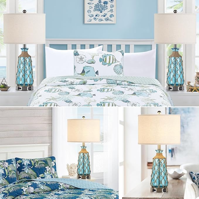 25.5" Coastal Glass Table Lamps Set of 2, 3-Way Dimmable Touch Control Bedside Lamps with 2 USB Ports and AC Outlet, Blue Nautical Nightstand Lamps for Bedroom Living Room (LED Bulbs Included)
