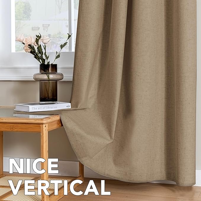 H.VERSAILTEX Linen Curtains 100% Blackout Curtains for Bedroom 45 inch Long Full Light Blocking Nature Linen Blended Window Curtains for Living Room Nickel Grommet (2 Panels, Heathered Macchiato)