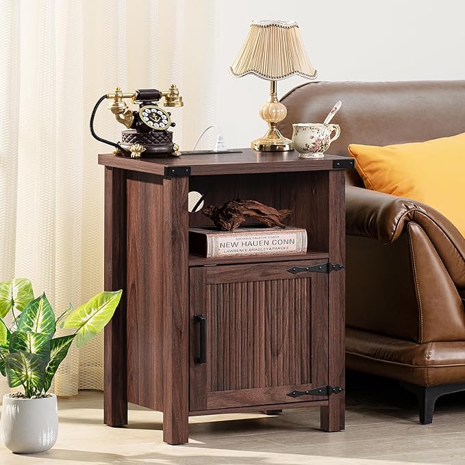 Joaxswe Night Stand, 18 Inch Farmhouse Nightstand with with Charging Station and USB Port, Rustic Couch End Table with Magnetic Door, Wood Bed Side Tables for Bedroom, Home, Brown Walnut