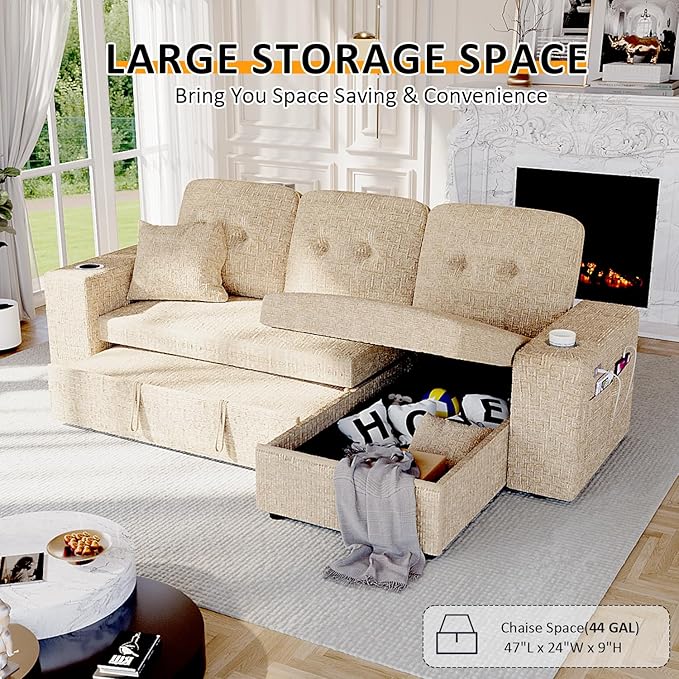 90 Inch Sleeper Sofa Bed, 4 in 1 Pull Out Couch Bed with Adjustable Backrest | Reversible Storage Chaise | Wide Armrest | Tool Free Assembly, Sectional Couches for Living Room, Khaki Chenille