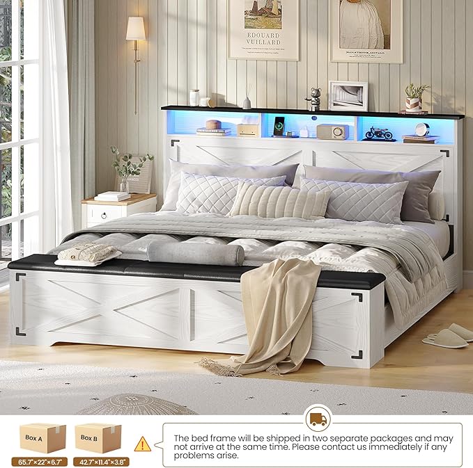 Hasuit Queen Size Bed Frame with Storage Ottoman, Farmhouse Bed Frame with Charging Station and Led Light, Headboard with Storage Rack, Metal Slats, No Noise Design, No Box Spring Needed,Walnut White