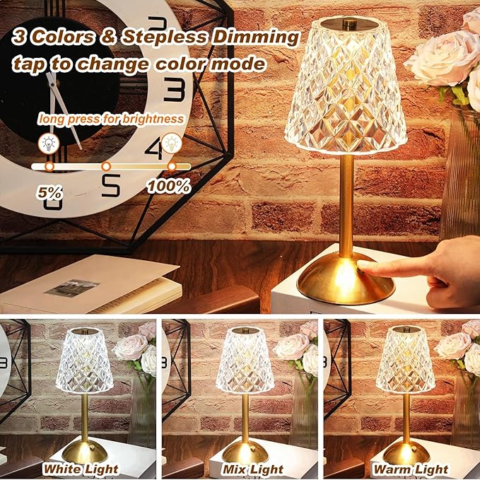 Liliful 2 Pcs Cordless Table Lamp Rechargeable Touch LED Small Gold Portable Battery Operated USB-c Desk Lamp 3 Color Dimmable for Bedroom Living Room Dining (Gold,Diamond Style)