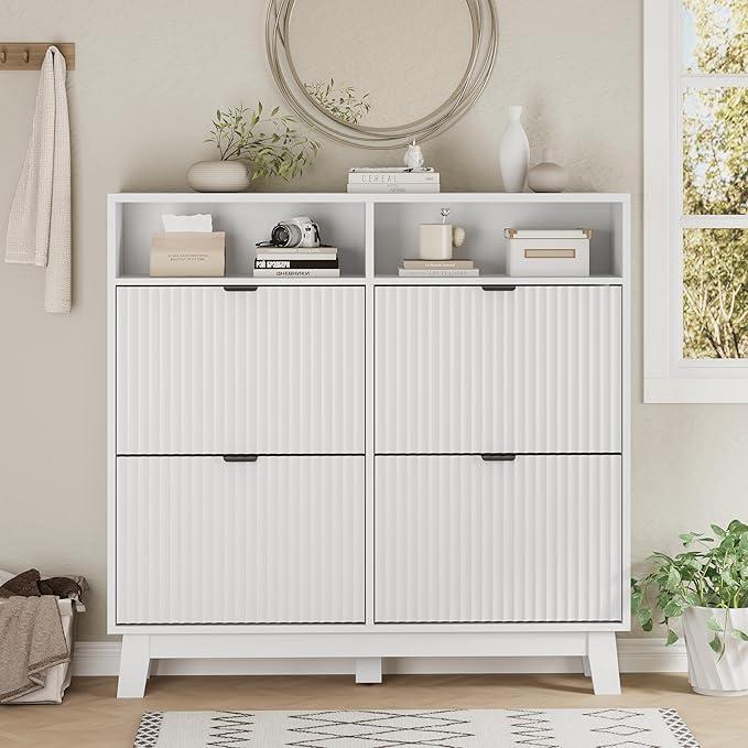 Shoe Cabinet with 4 Flip Drawers, 46" Tall Narrow Fluted Shoe Storage Organizer for Entryway, Hidden Slim Wooden Shoe Rack Cabinet for Front Door Entrance, Hallway, Living Room, Solid White