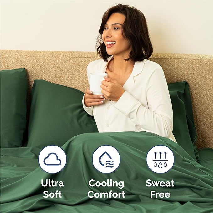 Full 6 Piece Sheet Set - Cooling, Comfy & Breathable - Hotel Luxury Bedding, Includes Fitted Sheet for Women, Men, Kids and Teens - 1 Flat, 1 Fitted Sheet, 4 Pillowcases with Deep Pockets - Emerald