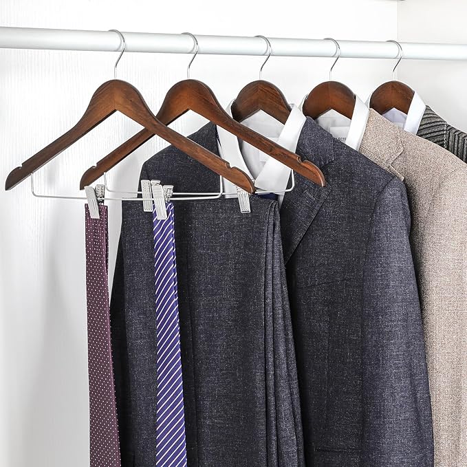 TOPIA HANGER Wooden Suit Hangers with Adjustable Metal Clips (10 Pack), Solid Wood Clothes Hangers, 360° Swivel Hook, Premium Retro Finish Pants Hangers for Clothes Coat, Jeans, Blouse-CT28A