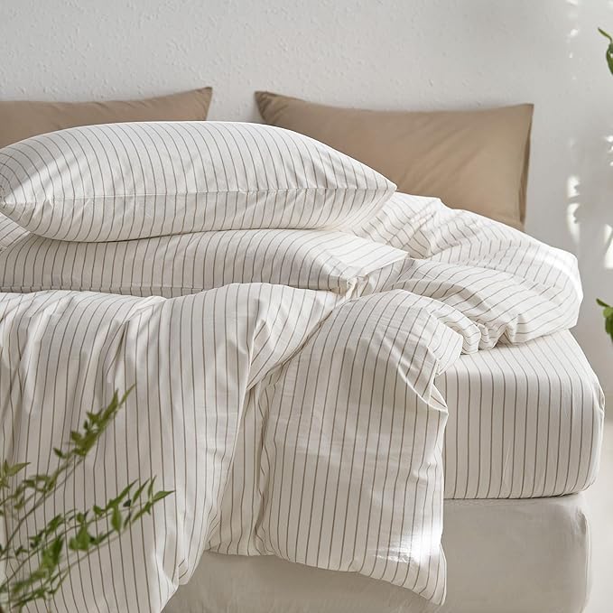 MooMee Striped Duvet Cover Set 100% Washed Cotton Linen Like Textured Breathable Durable Soft Comfy (White Tannish Linen Grey Wide Stripes, Cal King 104"x98")