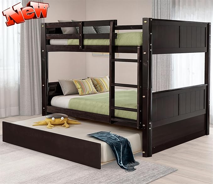 STERXONE Best Thicken Solid Wood Full Over Bunk Bed with Trundle, Luxurious Frame Size Safety Guard Rail and Ladder, Convertible to 2 Beds for Adults, Teens, Kids (Espresso)