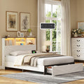 Full Size Bed Frame with Bookshelf, High Headboard with Charging Station and LED Light, Farmhouse Bed with Storage Drawers, No Box Spring Needed, Noise Free, Easy Assembly, Antique White