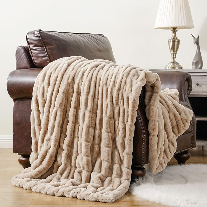 BATTILO HOME Luxury Faux Fur Throw Blanket for Couch, Cozy Plush Soft Blanket for Women, Double Side Ruched Rabbit Fur Blanket for Living Room, 50x60 Inches