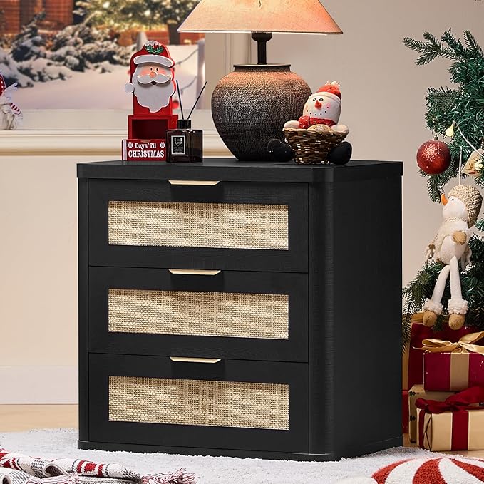 LEYAOYAO Rattan Night Stand Set of 2 with Drawers, 23" Large 3 Drawer Boho Nightstand, Natural Wood Bedside Table Storage Cabinet, Bed Side End Tables Dresser for Bedroom, Living Room, Hallway, Closet