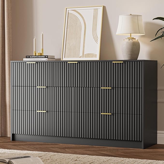 Black 7 Drawer Dresser for Bedroom, 55.9" Wide Modern Fluted Dresser with Gold Metal Handles, Wide Chest of Drawers for Bedroom, Living Room, Entryway, Hallway