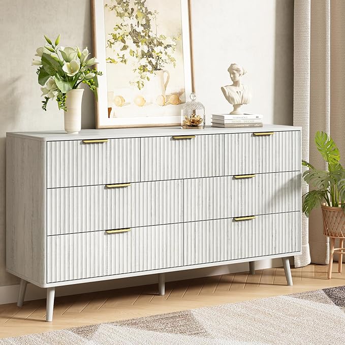 CARPETNAL Fluted 7 Drawer Dresser for Bedroom, 55" Wide Wooden Chest of Drawers with Rounded Corners, Gold Handles, Modern Storage Organizer for Bedroom, Hallway(White)