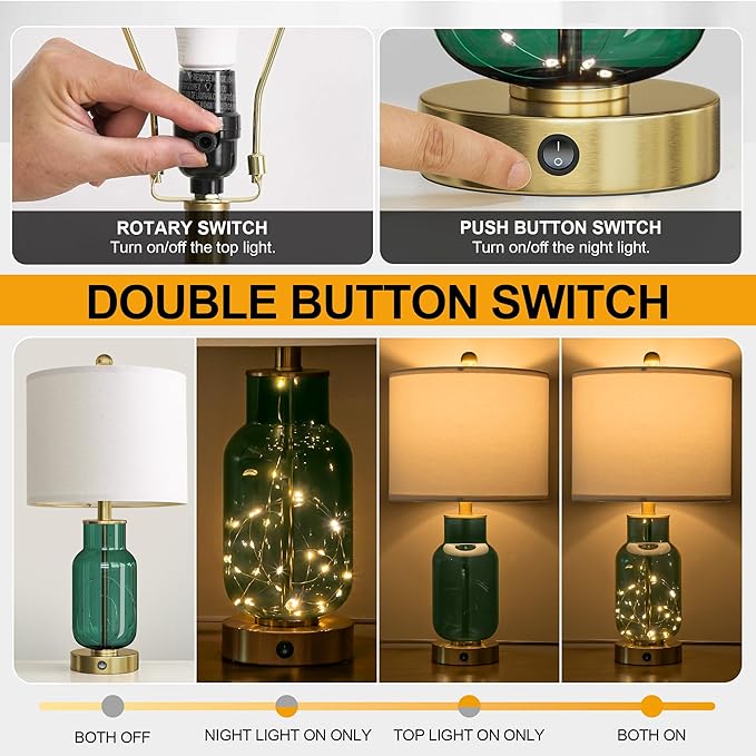 Oneach 22" Glass Table Lamps Set of 2, Green Modern Bedside Lamp with LED Night Light for Living Room, Nightstand Lamp with USB Ports for Bedrooms, Study Room, End Table(2 Bulbs Included)