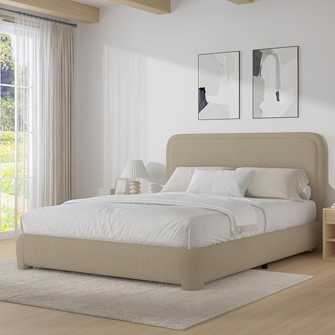BarnFurin Queen Bed Frame with Headboard, Boucle Upholstered Platform Bed Frame, Luxurious Soft Rounded Corners, No Box Spring Required, Easy Assembly, Beige