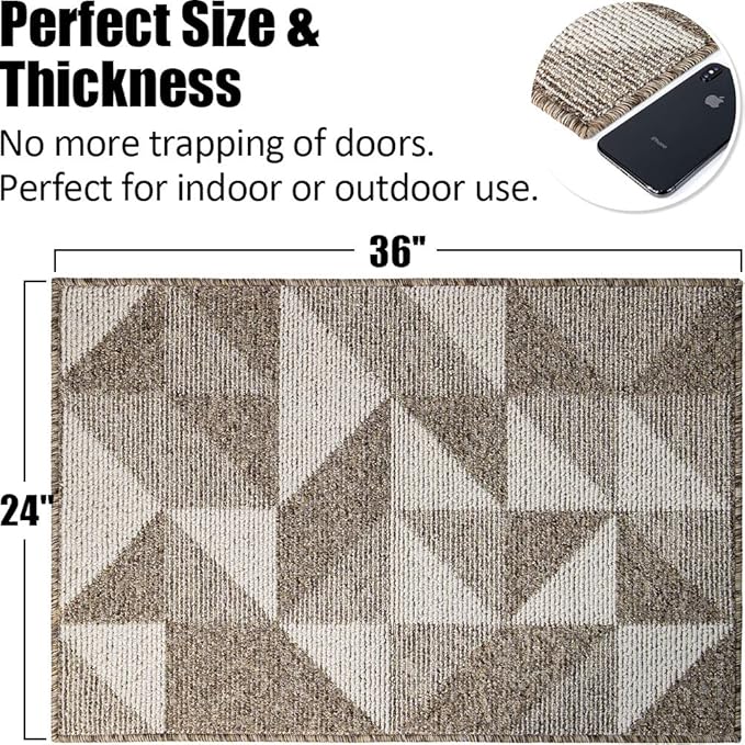 Indoor Doormat 24"x 36", Absorbent Front Back Door Mat Floor Mats, Rubber Backing Non Slip Door Mats Inside Mud Dirt Trapper Entrance Front Door Rug Carpet, Machine Washable Low Profile-Brown Geome