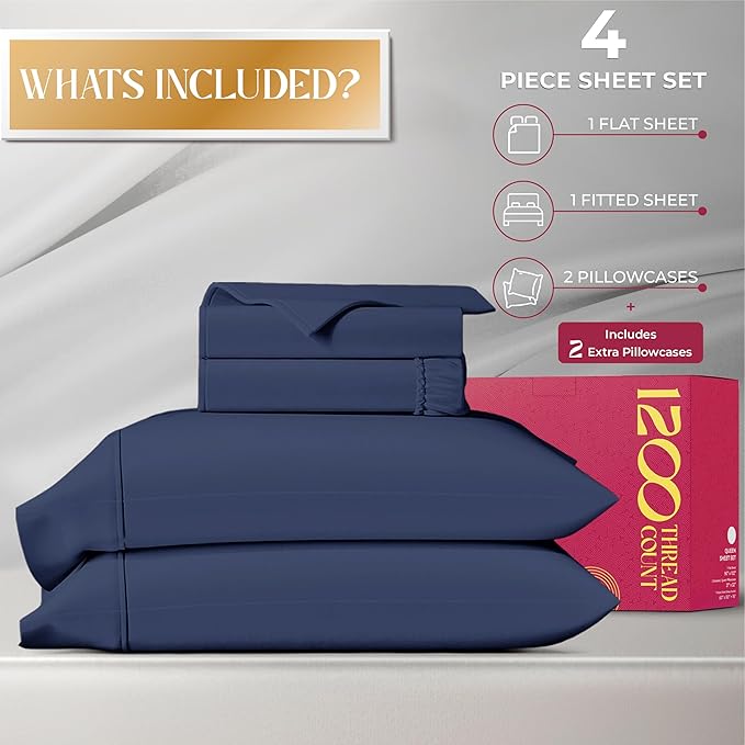 Mayfair Linen 100% Egyptian Cotton Full Size Bed Sheets - Luxury 1200 Thread Count Egyptian Cotton Sheets Full Size Bed Set (4 PC, Navy Blue), Soft, Cooling, 17" Deep Pocket Sateen Weave Bedding