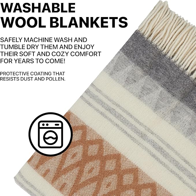 | Wool Blanket/Throw | 100% New Zealand Wool | Perfect for Home and Outdoors | Virgin Wool Throw with Fringes 75"x87" (190 x 220 cm)