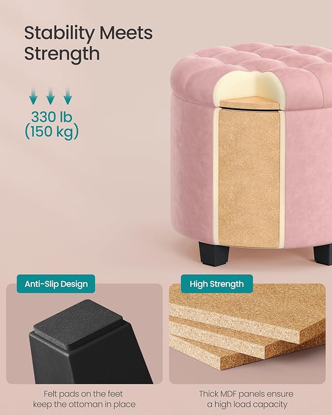 SONGMICS Round Ottoman, Ottoman with Storage, 17.7 x 17.7 x 17.5 Inches, Foot Rest with Legs, Velvet, Load up to 330 lb, for Living Room, Bedroom, Jelly Pink ULOM012R01