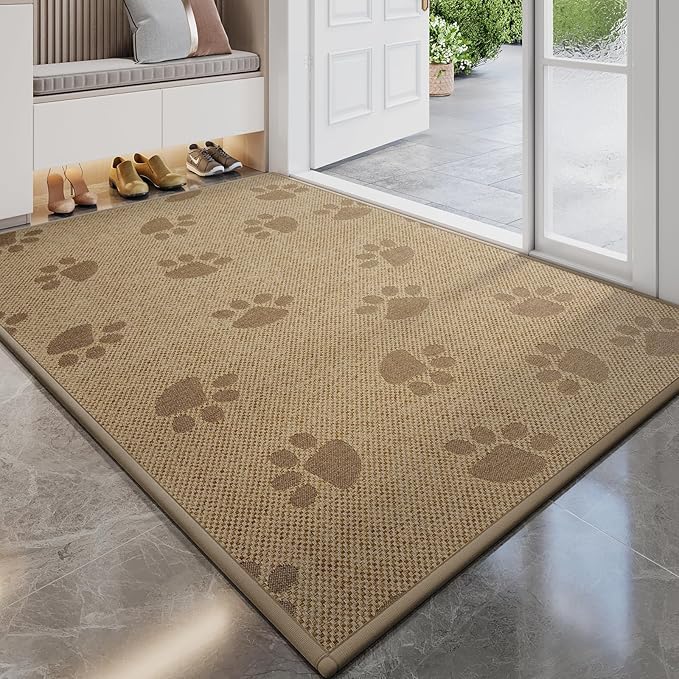 Door Mat Indoor Entrance 24"x35", 0.16" Thin Paw Print Low Pile Doormat, Non Slip Welcome Mat, Trap Dirt and Moisture, Easy Clean, Brown