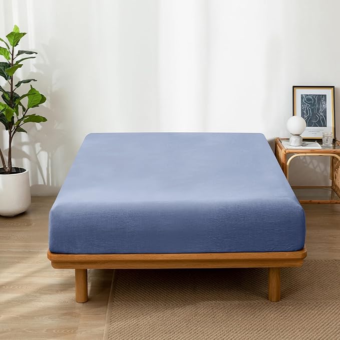 MooMee Fitted Bottom Sheet Only 100% Washed Cotton Linen Like Textured Breathable Durable Soft Comfy Deep Pocket Fits Mattress up to 17" (Blue, King)