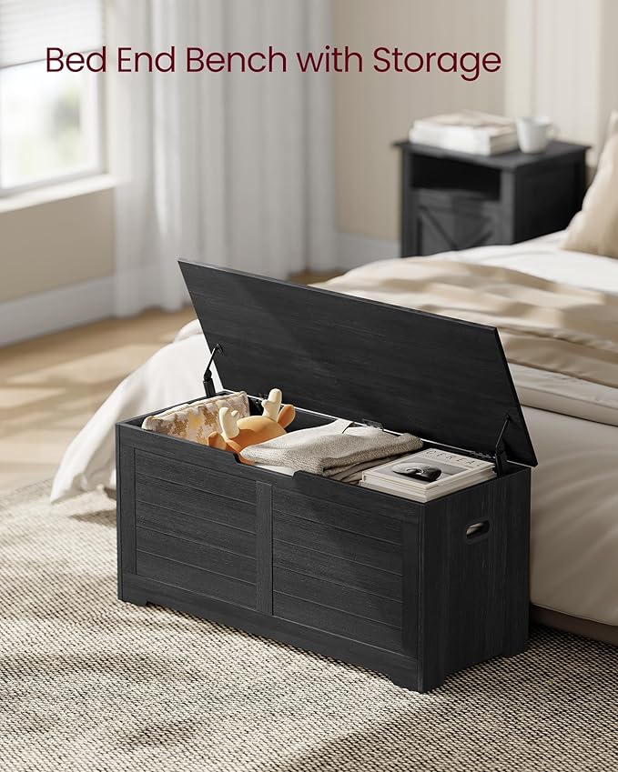 VASAGLE Storage Chest, Storage Bench with 2 Safety Hinges, Farmhouse Style, 15.7 x 39.4 x 18.1 Inches, for Entryway, Bedroom, Living Room, Charcoal Gray ULSB061B01