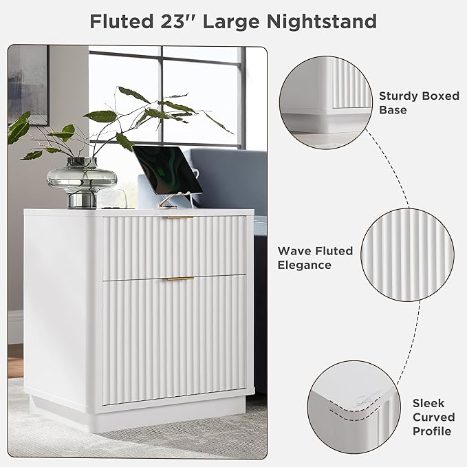 T4TREAM 23'' Fluted Nightstand with Charging Station, Large 2 Drawer Bedside Table, Modern End Table with Storage, Mid Century Night Stand for Bedroom, Living Room, Curved Profile, Solid White
