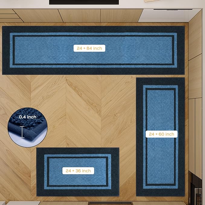 Kitchen Rugs Set (24" x 36"+24" x 60"), Non-Slip Machine Washable Kitchen Runner Rugs Floor Mats, Absorbent Comfort Standing Mats for Kitchen, Laundry and Hallway, Rolled Packaging, Light Blue & Navy