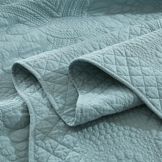 MarCielo 100% Cotton Quilt Set - 3-Piece Embroidered Farmhouse Bedspread & Shams, All-Season Breathable Bedding (Tf Aruba Blue, Queen)