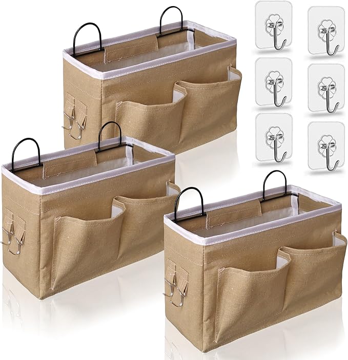 Kanrichu 3pcs Middle Wall Hanging Organizer Bag, Linen Fabric Door Hanging Storage Basket with Pockets, Waterproof Bin for Kitchen, Bedroom, Office, RV Camper (Khaki)