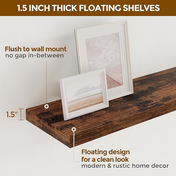 Floating Shelves for Wall, 48 x 9.3 Large Floating Shelf Wall Mounted Set of 2, Rustic Wood Shelves for Bathroom, Kitchen, Living, Heavy-Duty Storage Deep Shelf for Books, Decor, Rustic Brown
